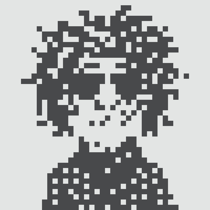 A minimalist, 8-bit style pixel art portrait of a person with a bob haircut, glasses, and a dotted shirt, rendered in dark blue and white.