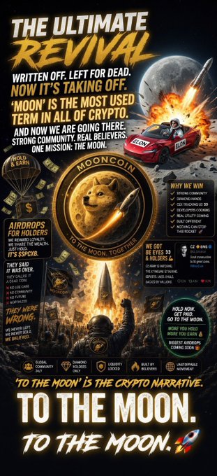 A crypto promotional graphic for 'MOONCOIN' featuring a Shiba Inu dog on a coin, text reading 'THE ULTIMATE REVIVAL' and 'TO THE MOON', and a 'Why We Win' checklist.