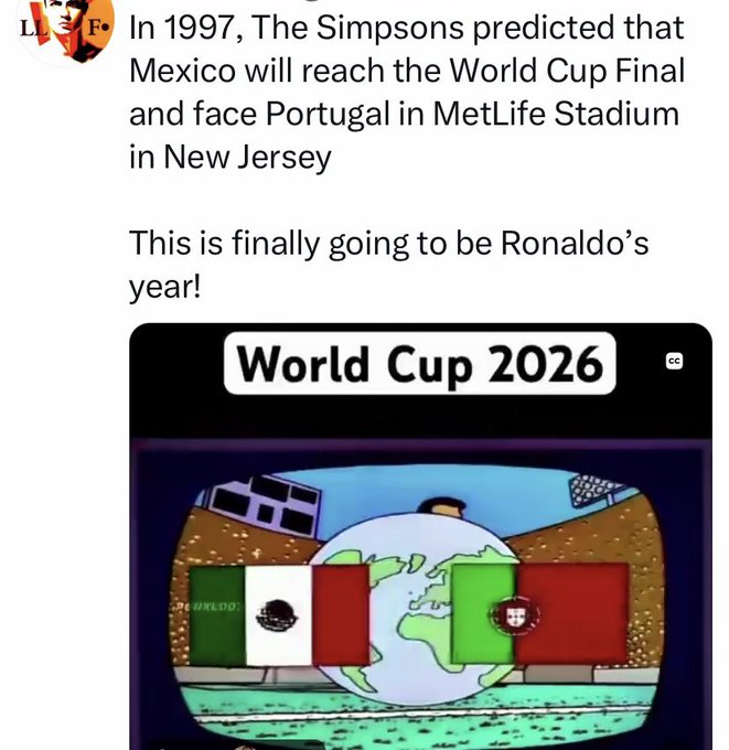 The image shows a social media post claiming that "The Simpsons" predicted in 1997 that Mexico would face Portugal in the World Cup Final at MetLife Stadium in New Jersey, accompanied by a Simpsons-style animation labeled "World Cup 2026" depicting the Mexican and Portuguese flags on a football pitch with a globe in the background.

The post ties into the accompanying text's theme of "simulation theory" by presenting The Simpsons' supposed prediction as further "evidence" alongside XRP's short interest release date—suggesting that future events like Portugal beating Mexico in the World Cup Final are pre-written, questioning the nature of reality.
