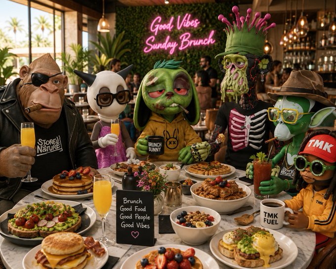 A diverse group of NFT character mascots—including an ape in a "Store of Nature" shirt, a panda, a zombie bunny, a green-crowned figure, and others wearing TMK and other branded apparel—gather around a table laden with pancakes, eggs benedict, fruit bowls, and bloody marys beneath a neon "Good Vibes Sunday Brunch" sign, with a chalkboard reading "Brunch Good Food Good People Good Vibes" perfectly echoing the post's Sunday brunch gathering theme for the G2M crew and their NFT communities.