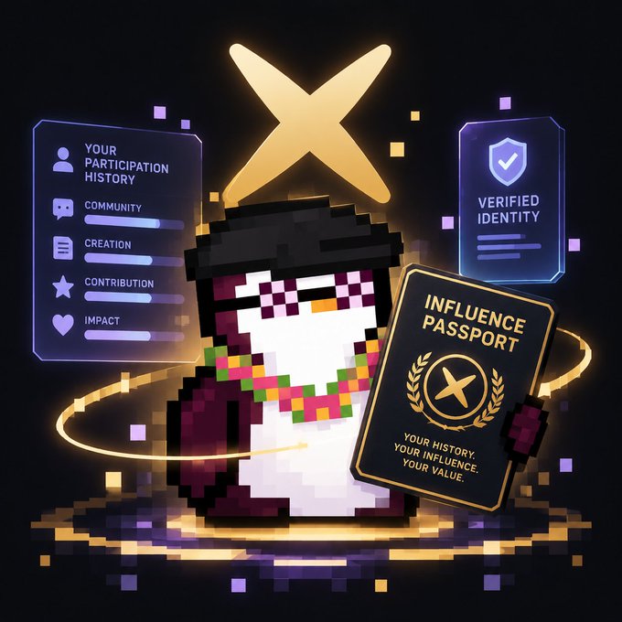 A pixel art penguin character wearing sunglasses and a hat holds an 'INFLUENCE PASSPORT' book, flanked by digital panels showing 'YOUR PARTICIPATION HISTORY' and 'VERIFIED IDENTITY' against a starry background.