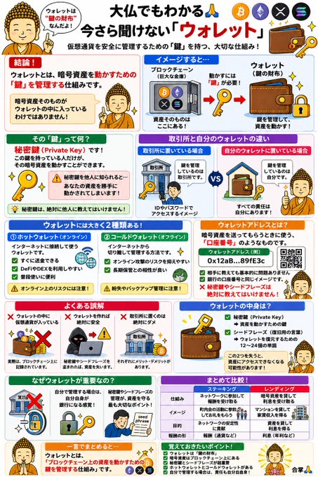 An infographic titled '今さら聞けない「ウォレット」' explains what cryptocurrency wallets are, featuring a Buddha illustration and sections on hot and cold wallets, with the word 'ウォレットとは' visible.