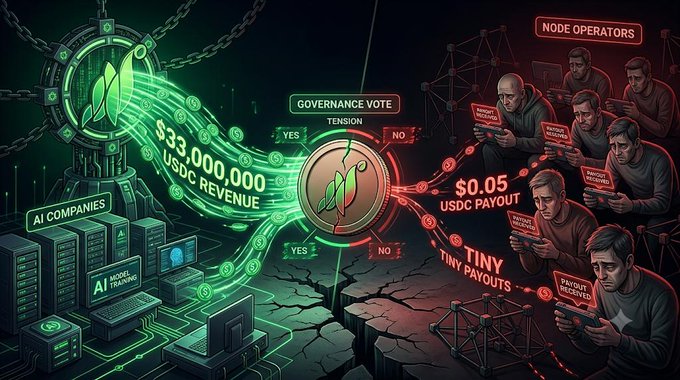 An illustrated graphic depicting tension in a blockchain governance vote, contrasting '$33,000,000 USDC REVENUE' flowing to AI companies on the left with 'TINY PAYOUTS' of '$0.05 USDC PAYOUT' going to frustrated node operators on the right.