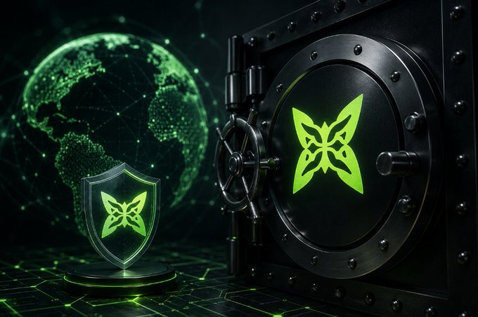 A black vault door and a glowing shield both display a green four-pointed star emblem, symbolizing layered protection against quantum threats. The globe and circuit-patterned floor reinforce a global, digital-security theme that matches the post's emphasis on quiet, long-term resilience over hype.