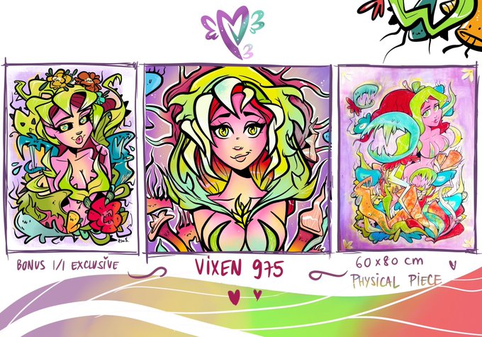 Colorful artwork titled 'VIXEN 975' showing three illustrations of a green and red-haired female character, labeled 'BONUS 1/1 EXCLUSIVE' and '60x80 CM PHYSICAL PIECE'.