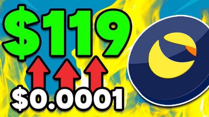A YouTube thumbnail-style image featuring flame graphics, a Terra Luna Classic (LUNC) logo, and bold text showing a price surge from "$0.0001" to "$119" with red upward arrows, visually amplifying the post's hopeful call for LUNC to return to $119 per coin.
