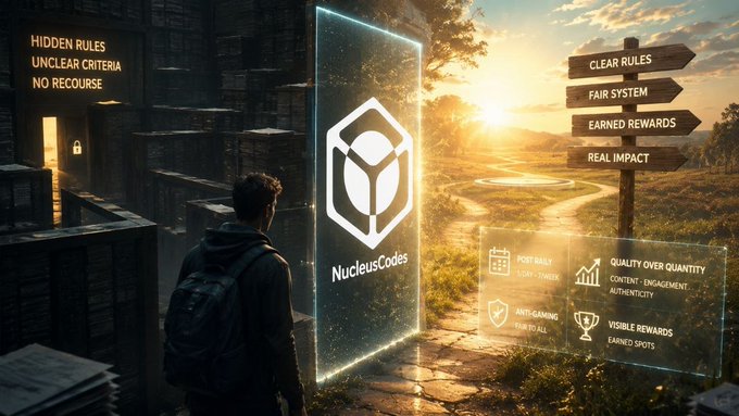 A promotional graphic for 'NucleusCodes' showing a split image contrasting hidden rules/unclear criteria with clear rules/fair system/earned rewards/real impact, featuring a person with a backpack looking through a glowing portal at a landscape with signposts.
