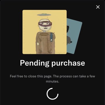 A dark-themed digital pop-up window displaying a 'Pending purchase' status with a loading spinner, showing an illustration of a character wearing a hat, sunglasses, and a brown coat.