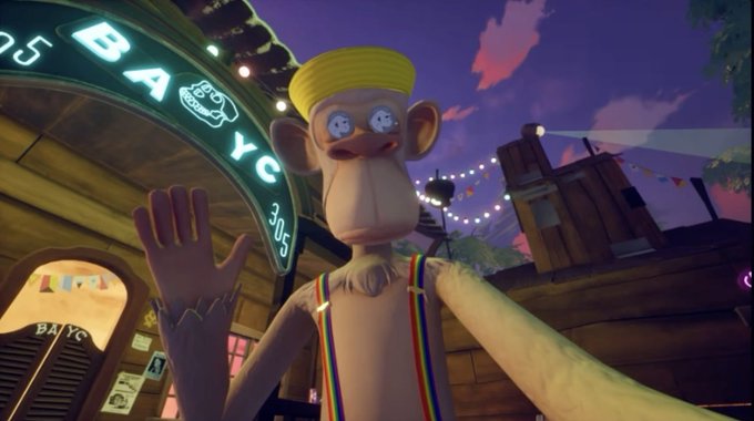 Screenshot from a video game featuring a cartoon monkey character in a yellow hat, mustache, and rainbow suspenders waving in front of a 'BAYC' neon sign and a storefront.