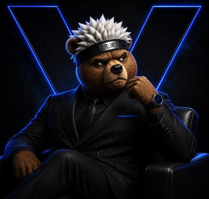 An anthropomorphic bear in a sharp black suit with spiky white hair and a headband reading "先進" sits confidently in a chair against a glowing blue "V" backdrop, wearing a luxury watch. The image's bold, confident bear persona mirrors the post's theme of conviction and consistency paying off in the Web3 space, with the fierce, determined expression capturing the "turning conviction into reality" message.
