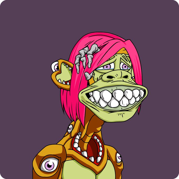 A digital illustration of a grotesque cartoon character featuring a green face with a wide, toothy grin, bright pink hair, and additional eyes and mouths on its orange body, set against a plain gray background.