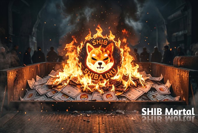 A dramatic illustration for 'SHIB Mortal' showing the Shiba Inu coin engulfed in flames inside a metal container filled with burning paper certificates.