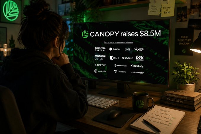 A person sits at a desk viewing a screen displaying 'CANOPY raises $8.5M' alongside various Web3 venture capital logos.