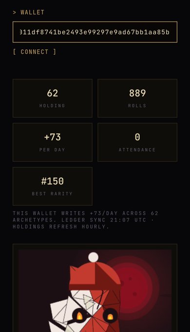 A mobile interface for a crypto wallet showing address '311df8741be2493e99297e9ad67bb1aa85b' with stats: 62 Holding, 889 Rolls, +73 Per Day, 0 Attendance, and Best Rarity #150, over an illustration of an anime-style character.