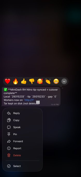 A screenshot of a Telegram message confirming that the **MiniDash RH Nitro** tip-synced + cutover is complete, showing local tip "29315233" with 0 gap and status "Workers now on http://...", with a dropdown menu offering Reply, Copy, Speak, Pin, Forward, Report, Delete, and Select options. This relates to the announcement that the Robinhood node is finally live, demonstrating the successful deployment with real-time synchronization data.