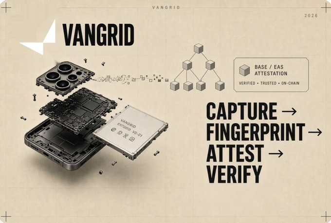 Promotional graphic for 'VANGRID' (2026) showing an exploded smartphone with a hardware fingerprint module, with text highlighting the workflow: CAPTURE → FINGERPRINT → ATTEST → VERIFY, alongside a diagram for 'BASE / EAS ATTESTATION' (Verified • Trusted • On-Chain).
