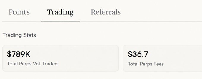 A trading statistics interface showing the 'Trading' tab with 'Points' and 'Referrals' tabs, displaying '$789K Total Perps Vol. Traded' and '$36.7 Total Perps Fees'.