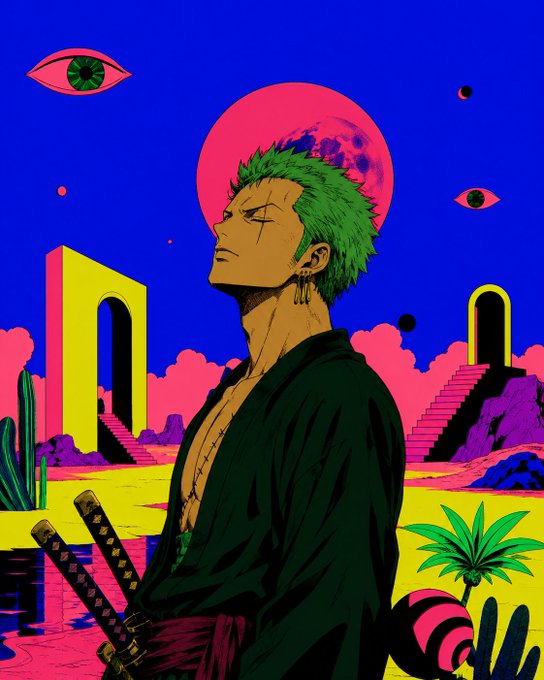 A vibrant, psychedelic anime-style illustration shows a green-haired swordsman in profile against a neon pink moon, with surreal desert landscapes, floating eyes, and colorful archways in the background.