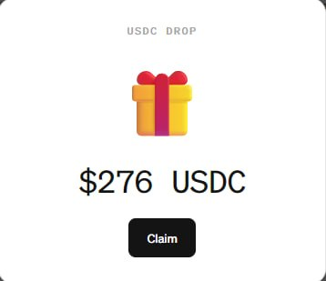 A promotional graphic for a USDC DROP showing a gift box with '276 USDC' and a 'Claim' button.
