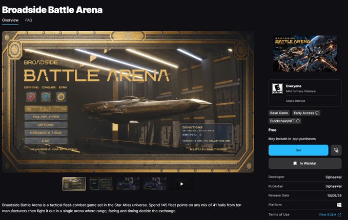 An Epic Games Store listing for 'Broadside Battle Arena' developed by Siphausward, described as a tactical fleet-combat game set in the Star Atlas universe, free with early access, releasing 10/09/26.
