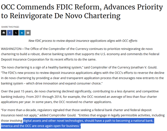 OCC press release titled "OCC Commends FDIC Reform, Advances Priority to Reinvigorate De Novo Chartering," featuring a statement from Comptroller Jonathan V. Gould announcing that digital assets and novel-technology firms now have a clear path to becoming national banks, aligning with the post about crypto companies pursuing federal bank charters.