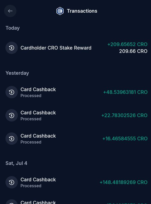 A cryptocurrency 'Transactions' history screen showing CRO rewards, including 'Cardholder CRO Stake Reward' of +209.65652 CRO and multiple 'Card Cashback' entries with green positive values.