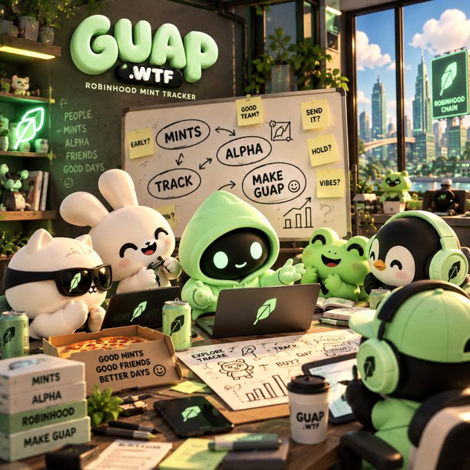 A vibrant 3D illustration titled 'GUAP.WTF Robinhood Mint Tracker' featuring cute mascot characters brainstorming with sticky notes labeled 'MINTS', 'ALPHA', 'TRACK', and 'MAKE GUAP'.