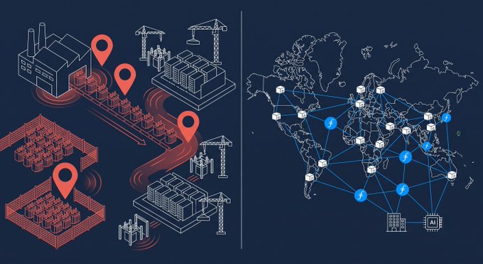 A split illustration shows traditional supply chain logistics on the left—factory icons with red location pins tracing a winding shipment route through cranes and warehouses—alongside a world map on the right depicting Filecoin's distributed global storage network. The image visually contrasts the slow, bottlenecked physical supply chain with Filecoin's ready-to-use, decentralized infrastructure spanning multiple continents.