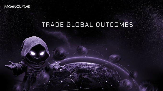 A promotional banner for Moonclave featuring a hooded figure with glowing eyes set against a starry space backdrop with a globe, displaying the text 'TRADE GLOBAL OUTCOMES'.