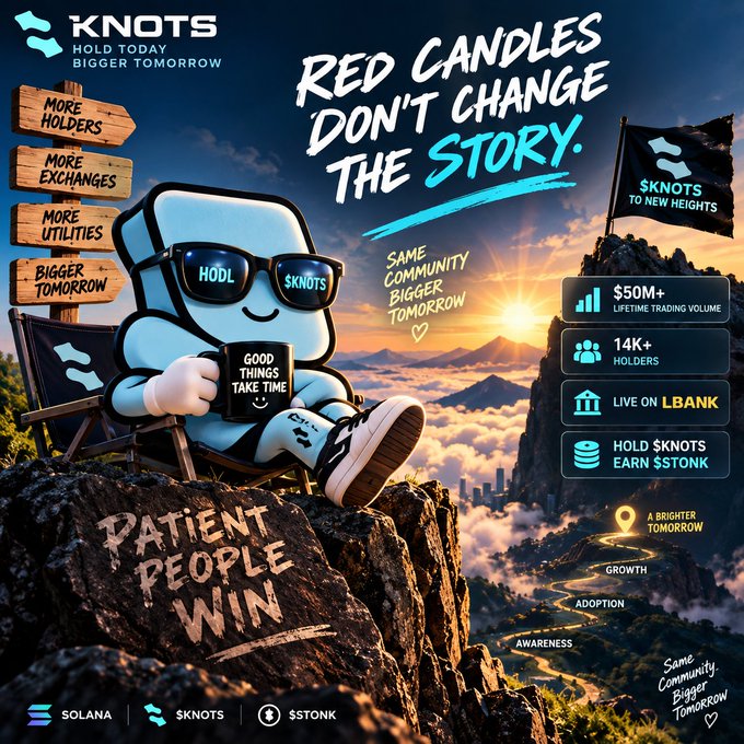 A promotional graphic for 'KNOTS' cryptocurrency with the slogan 'RED CANDLES DON'T CHANGE THE STORY,' featuring a cartoon character wearing 'HODL' and '$KNOTS' sunglasses, sitting on a rock labeled 'PATIENT PEOPLE WIN.'