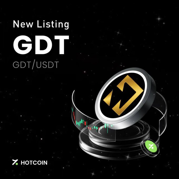 A promotional graphic for a new cryptocurrency listing on HOTCOIN, displaying 'New Listing GDT GDT/USDT' against a starry black background with a 3D gold and silver coin.