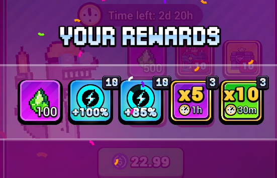 A colorful “YOUR REWARDS” screen in Angry Dynomites on Ronin shows a “Time left: 2d 20h” countdown and rewards including 100 crystals, +100% and +85% boosts, 5× boosts for 1 hour, and 10× boosts for 30 minutes—matching the post’s call to “take it and start crafting!”