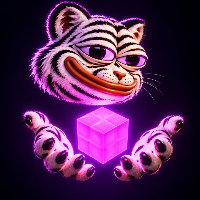 A stylized digital illustration of a smug-looking white tiger with purple glowing eyes holding a glowing pink cube between its paws against a dark background.