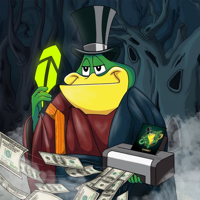 A cartoon illustration of a green frog-like character wearing a top hat and cape, holding a glowing green arrow and printing money from a machine that displays an NFT labeled 'SIBIRIT'.