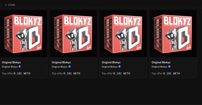 Four "Original Blokyz" NFT listings are displayed, each with a top offer of 0.181 WETH, matching the user's claim of winning four Blokyz NFTs worth nearly $2k collectively.