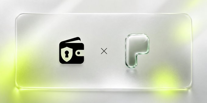 A frosted glass panel displays a black wallet icon paired with a "x" alongside a translucent green letter "P," visually representing the collaboration between a digital wallet and Privé (ticker: $PRIVE), the private stablecoin payment rail launching on Robinhood Chain.
