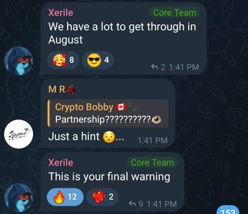 The image shows a chat conversation where "Xerile" from the Core Team gives what they call a "final warning" with 12 fire and 2 devil emojis, after a message from "Crypto Bobby 🥇" hints at a "Partnership?????????" The dramatic escalation in tone contrasts with the post's skepticism about whether the $MANYU team actually follows through on their announcements or just types empty promises.