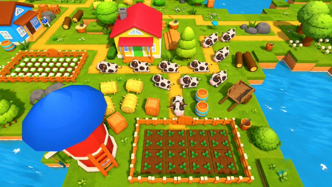 A vibrant 3D isometric view of a cartoonish farm scene featuring a house with a red roof, a vegetable garden, a windmill with a blue dome, and several black-and-white cows grazing on the grass.