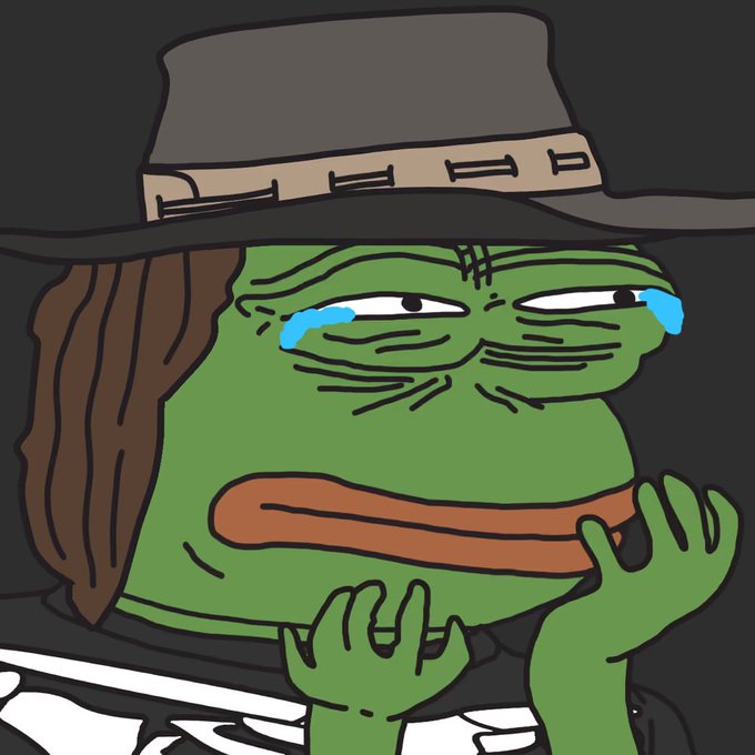 A cartoon Pepe the Frog character wearing a black top hat, crying blue tears, with brown dreadlocks and an orange mustache, wearing a black shirt.
