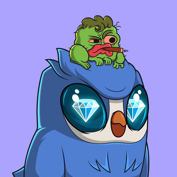 A cartoon illustration of a green frog sitting on the head of a large blue bird whose eyes are shaped like diamonds.