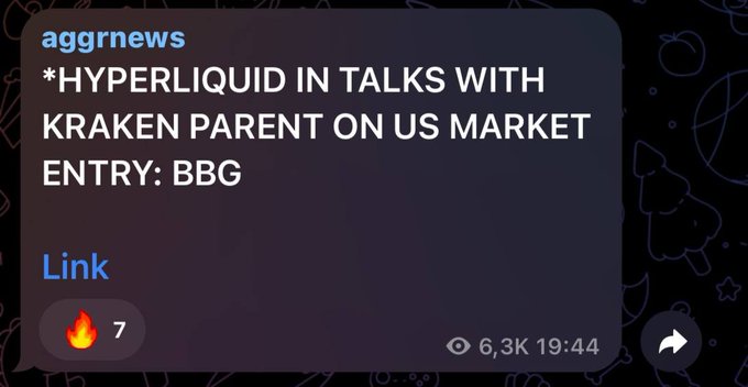 A social media post from @aggrnews shares a Bloomberg report that Hyperliquid is in talks with Kraken's parent company about entering the US market, with the image highlighting key headlines and statistics (6.3K views, 7 reactions). The accompanying post speculates that this development could be a significant catalyst for $INK, positioning Kraken/Payward's regulatory success as paving the way for Ink Chain's potential US launch in September.