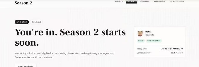 A webpage screenshot for 'Season 2' showing the text 'You're in. Season 2 starts soon.' alongside a profile card for 'bonk' (@dzwif) with the status 'Ready' and '0.1 ETH verified'.