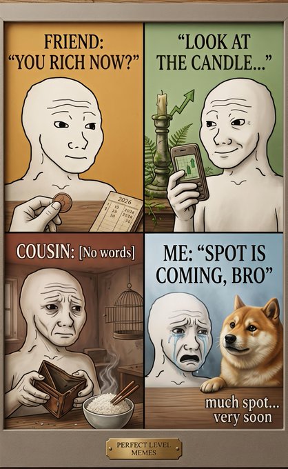 A four-panel 'Wojak' meme depicting someone showing off wealth to their friend (coin), investing in cryptocurrency ('LOOK AT THE CANDLE...'), disappointing their cousin with an empty wallet, and crying while telling their Shiba Inu dog 'SPOT IS COMING, BRO' with the caption 'much spot... very soon'.