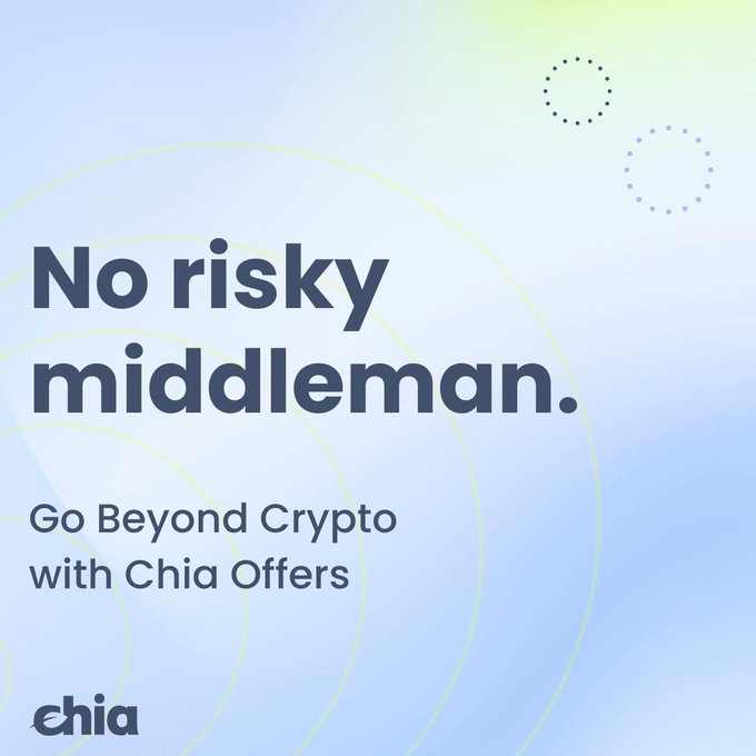 An advertisement graphic with the text 'No risky middleman.' and 'Go Beyond Crypto with Chia Offers', with the 'chia' logo in the bottom left corner against a light blue and green gradient background.