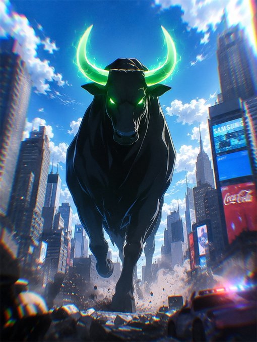 An anime-style digital artwork of a massive black bull with glowing green eyes and horns charging through a city street, with skyscrapers and a Samsung billboard visible in the background.