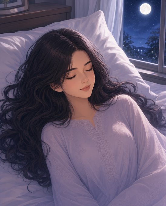 A digital illustration of a young woman with long dark hair sleeping peacefully in bed, wearing a white nightgown, with a full moon visible through the window behind her.