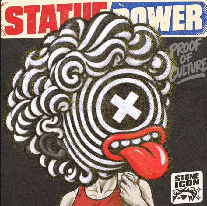 A "Status Quo" album cover art reinterpretation by Richi0118, titled "Proof of Culture," reimagines the iconic tongue-laughing face with a hypnotic black-and-white spiral eye and X detail, featured as part of the JPEG Frens NFT collection.