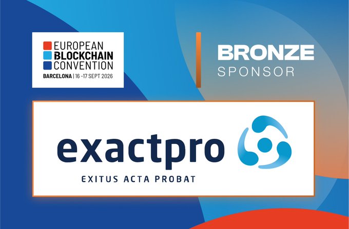 A promotional graphic for the 'European Blockchain Convention' in Barcelona (16-17 Sept 2026), featuring 'exactpro' as a Bronze Sponsor with the tagline 'EXITUS ACTA PROBAT'.