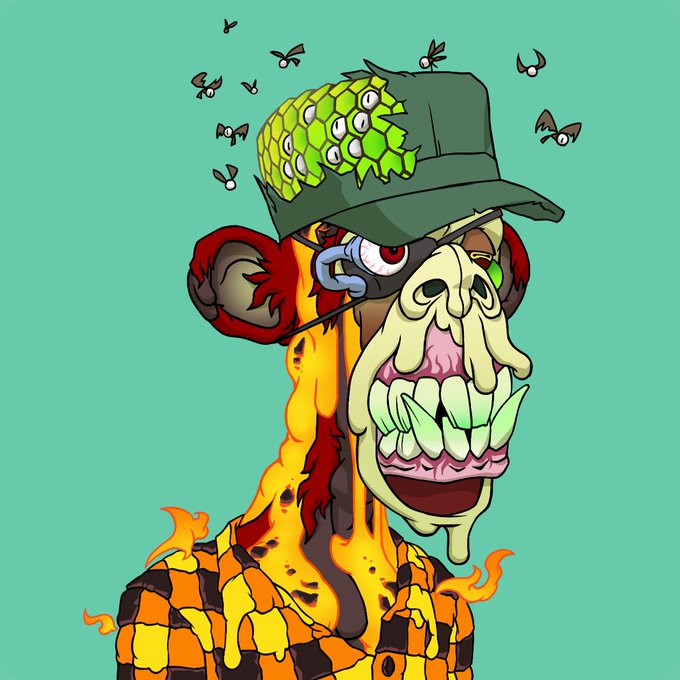 A cartoon illustration depicts a zombie-like ape wearing a green hat covered in eyeballs, set against a teal background with small flying creatures.