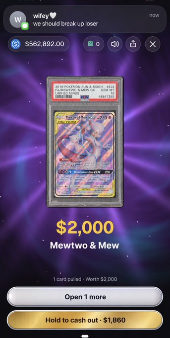 A digital card pack opening screen showing a graded PSA 10 2019 Pokemon Sun & Moon Mewtwo & Mew GX Tag Team card worth $2,000, with options to 'Open 1 more' or 'Hold to cash out - $1,860'.